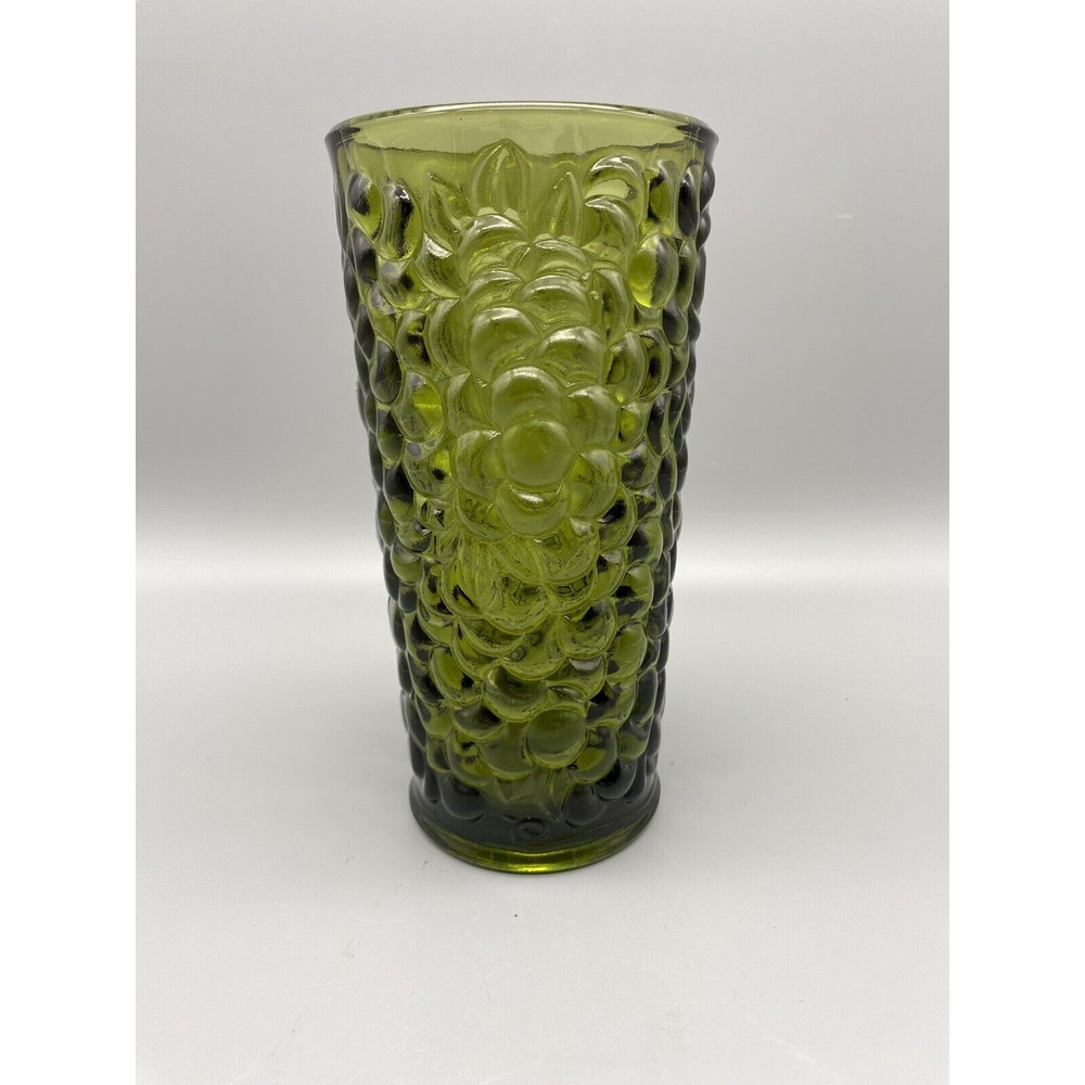 Mid-Century Modern Indiana‎ Avacado Green Glass Vase W/Embossed Grapes